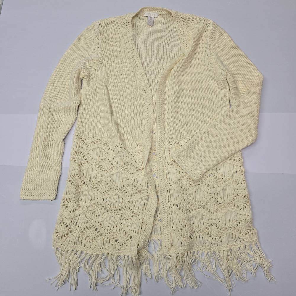 Chico's Women Cream Crochet‎ Fringe Open Front Cardigan Sweater Size 0 Small